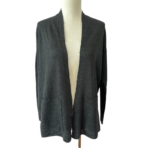 EILEEN FISHER HIGH COLLAR OPEN FRONT CARDIGAN NWT XS ORGANIC LINEN BREATHABLE - Picture 2 of 13